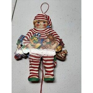 Vtg Wooden Pull String Boy With Gifts Ornament Moveable Articulated Jumping Rare